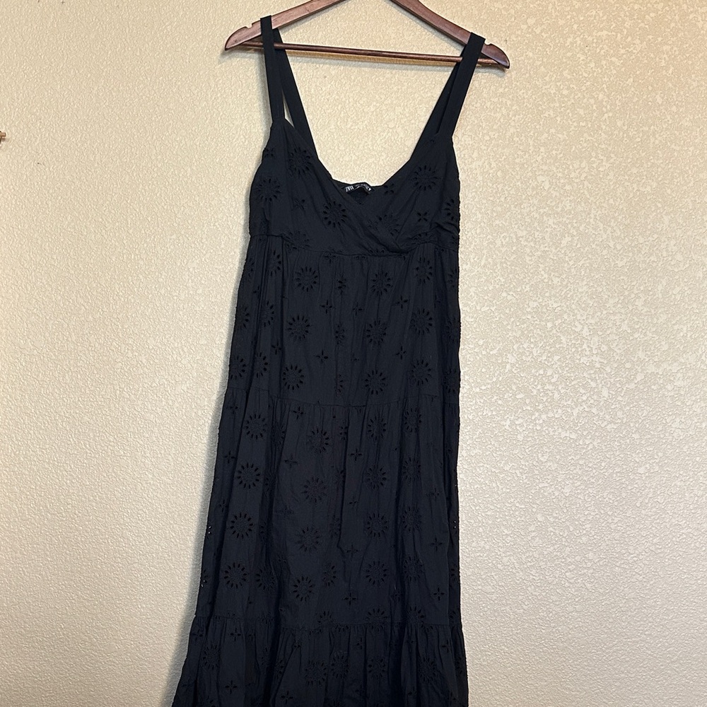 Zara Black Tiered Eyelet Maxi Dress